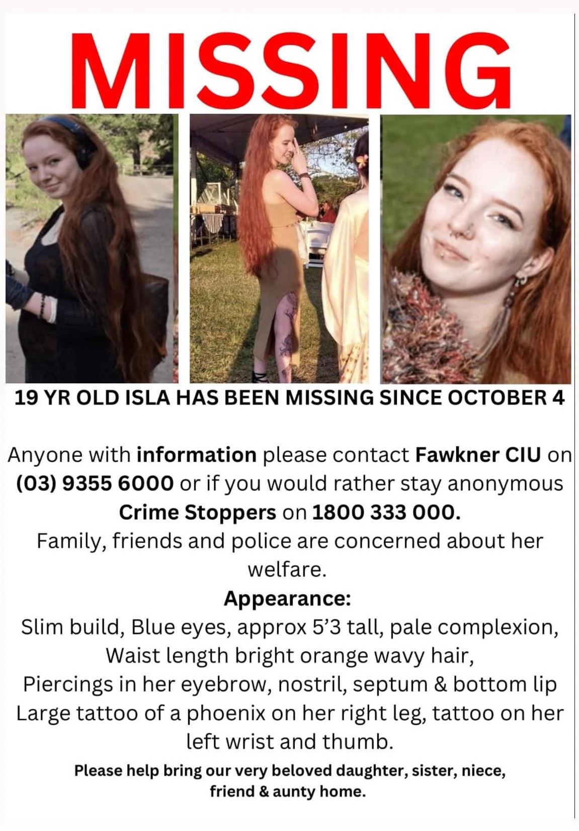 Isla Bell was last seen leaving her Brunswick home on October 4. Picture: Facebook