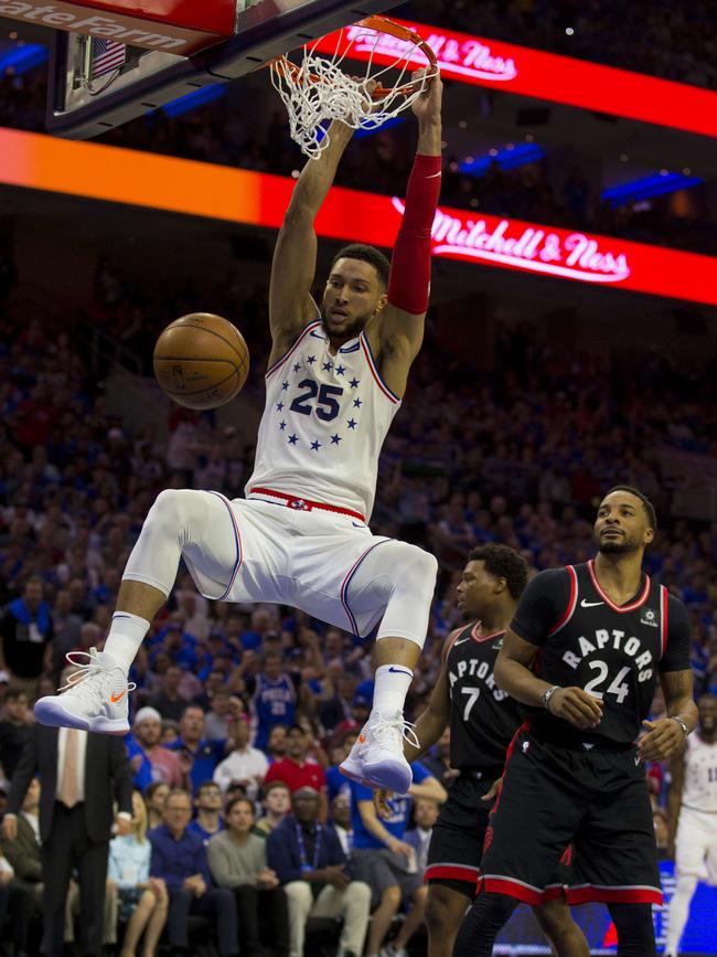 Ben Simmons dunks against the Toronto Raptors. Picture: Mitchell Leff/Getty Images/AFP