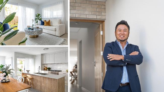 Sekisui House project director Taku Hashimoto with interior shots from the new Shavida display homes at Ripley, which are being launched this week.