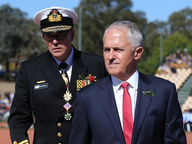 Prime Minister Malcolm Turnbull with Vice-Admiral Ray Griggs at Anzac Day ceremony yesterday in Canberra. Picture: Ray Strange