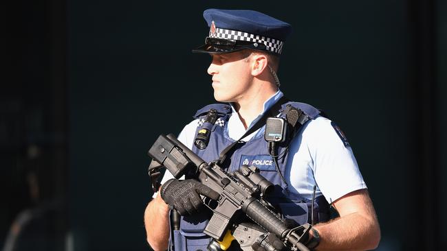 An armed police officer is seen in front of Christchurch High Court prior to the sentencing of Brenton Tarrant. Picture: Getty