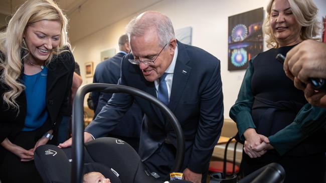 Prime Minister Scott Morrison in Boothby with Liberal candidate Dr Rachel Swift and Glenelg mayor Amanda Wilson. Picture: Jason Edwards