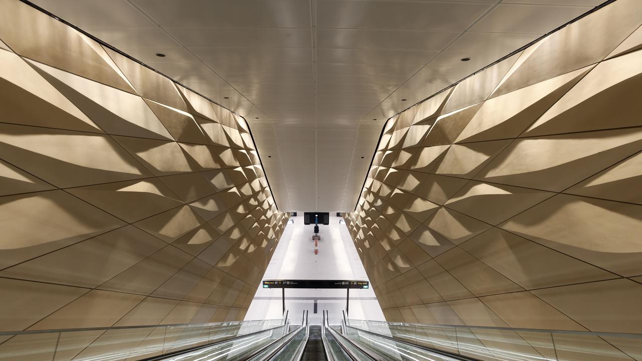 The escalator down to Central Station’s new Metro platform. Picture: Richard Dobson