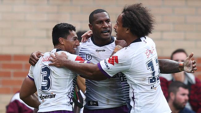 Melbourne's Suliasi Vunivalu scores a try during the opening round of the NRL campaign.