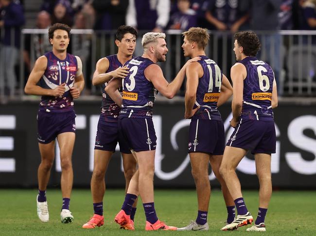 Luke Ryan with Jeremy Sharp after the final siren. Picture: Paul Kane/Getty Images