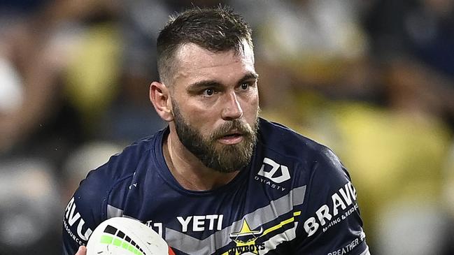 TOWNSVILLE, AUSTRALIA - SEPTEMBER 14: Kyle Feldt of the Cowboys runs the ball during the NRL Qualifying Final match between North Queensland Cowboys and Newcastle Knights at Queensland Country Bank Stadium on September 14, 2024 in Townsville, Australia. (Photo by Ian Hitchcock/Getty Images)