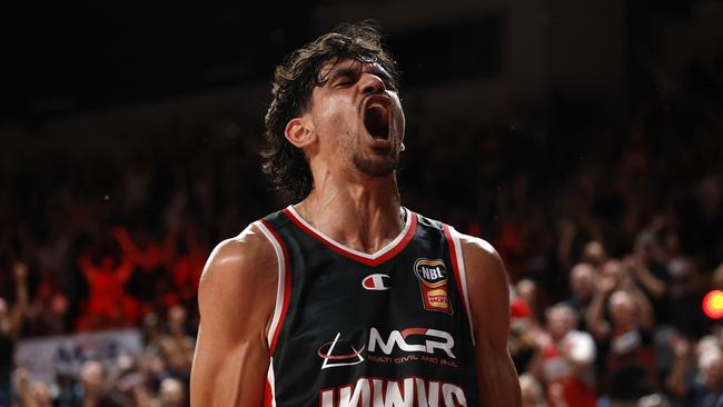 WOLLONGONG, AUSTRALIA - MARCH 23: William Hickey of the Hawks reacts during game five of the NBL Grand Final Series between Illawarra Hawks and Melbourne United at WIN Entertainment Centre, on March 23, 2025, in Wollongong, Australia. (Photo by Darrian Traynor/Getty Images)