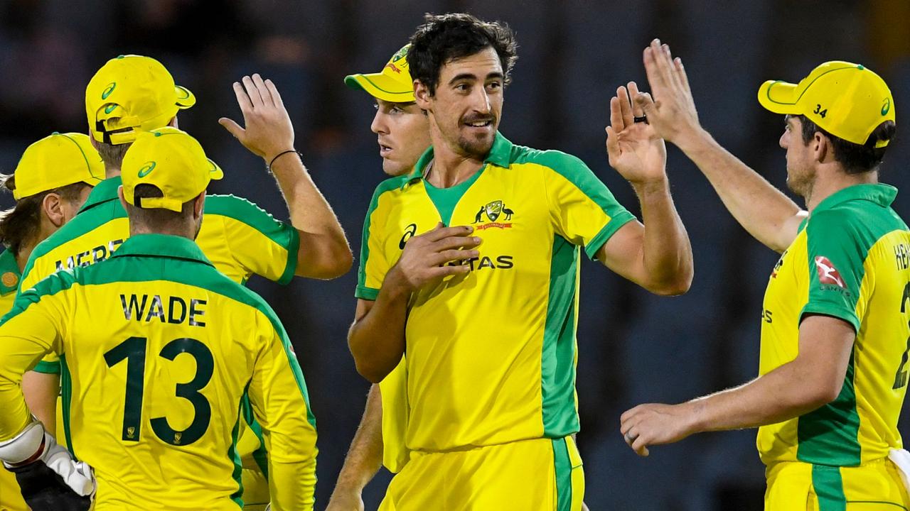 Mitchell Starc celebrates after taking a West Indies wicket in July. Picture: Randy Brooks / AFP
