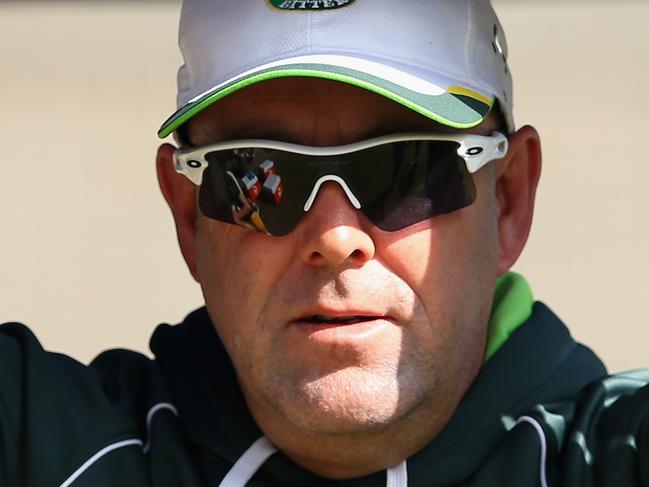 MELBOURNE, AUSTRALIA - MARCH 28: Australian coach Darren Lehmann looks on during an Australian nets session at Melbourne Cricket Ground on March 28, 2015 in Melbourne, Australia. (Photo by Quinn Rooney/Getty Images)