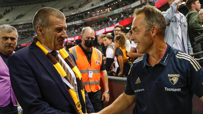 Jeff Kennett (left) is supportive of the AFLW beginning earlier. Picture: Michael Willson/AFL Photos/Getty Images