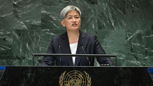 Foreign Minister Penny Wong speaks on the sidelines of the UN General Assembly at the United Nations Headquarters in New York. Picture: AFP