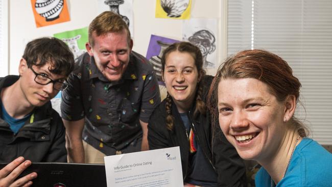 Having fun experimenting with online dating apps are (from left) Jared Jones, Scott Tiran, Caitlin Mortlock and Ella McGuire. Picture: Kevin Farmer