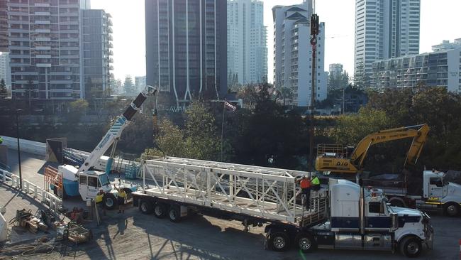 A crane measuring 50 metres and requiring transporting in bits across 13 semi trailers has been assembled at the Star Gold Coast ahead of construction of the new Dorsett hotel and apartments tower coming out of the ground. Pictures: Supplied