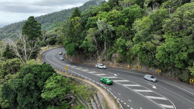 Traffic driving on the stretch of Kennedy Highway between Smithfield and Kuranda, better know as the Kuranda Range Road. Heavy vehicles including trucks, buses and caravans, as well as cars frequently use the roadway. Picture: Brendan Radke