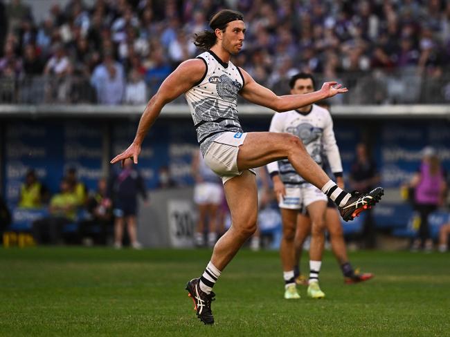 PERTH, AUSTRALIA - MAY 20: Jack Henry of the Cats kicks a goal during the 2023 AFL Round 10 match between Walyalup/Fremantle Dockers and the Geelong Cats at Optus Stadium on May 20, 2023 in Perth, Australia. (Photo by Daniel Carson/AFL Photos via Getty Images)