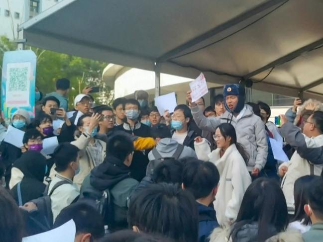 Students protesting against China's zero-Covid policy at Tsinghua University in Beijing. Picture: AFPTV / AFP.