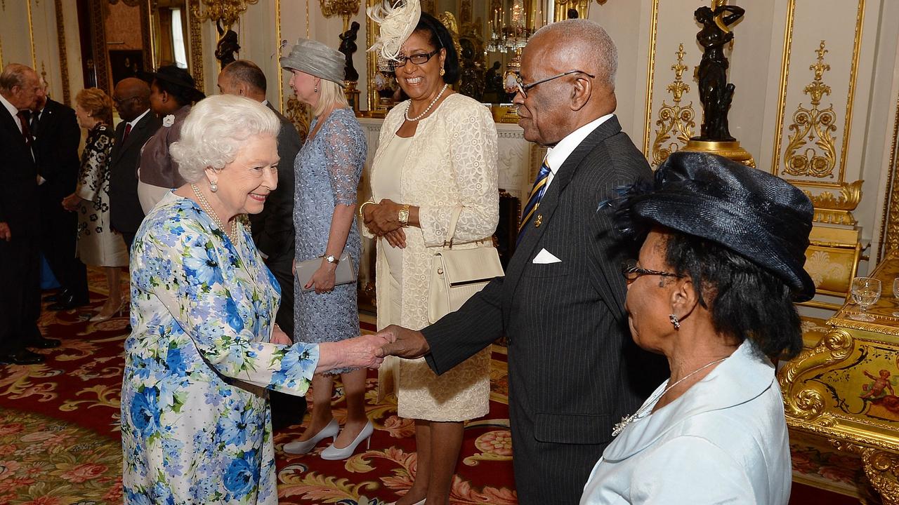 The Queen shakes hands with Governor-General of Barbados, Elliott Belgrave (second from the right) at Buckingham Palace in London in 2016. Picture: John Stillwell/Pool/AFP
