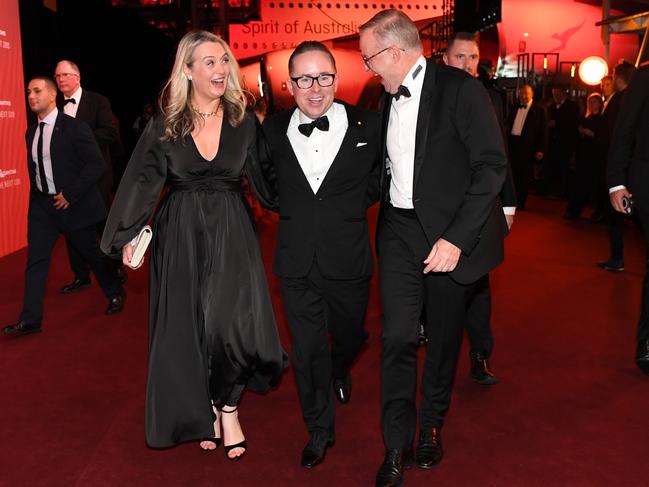 Jodie Haydon, Alan Joyce and Anthony Albanese at the Qantas 100th Gala Dinner. Picture: James D. Morgan