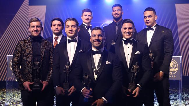 The Dally M team of the year — minus Cameron Smith — is unveiled at the Hordern Pavillion, Sydney. Picture: Brett Costello