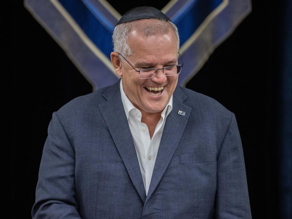 Prime Minister Scott Morrison at a Passover Service at the Ark Centre Synagogue in Hawthorne Melbourne. Picture: Jason Edward