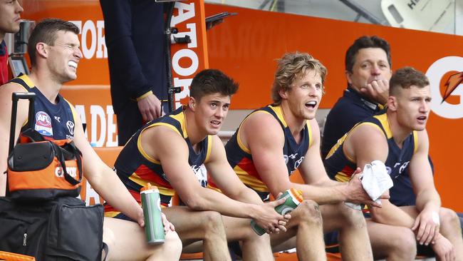 Josh Jenkins, Riley Knight, Rory Sloane and Rory Laird on the bench in the last quarter of the grand final. Picture: Sarah Reed