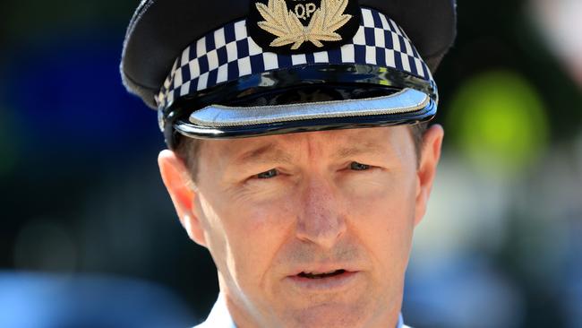 Chief Superintendent Mark Wheeler speaks to the media as the Police continue to patrol the border at Coolangatta protecting Queensland from the coronavirus threat. Picture: Adam Head.