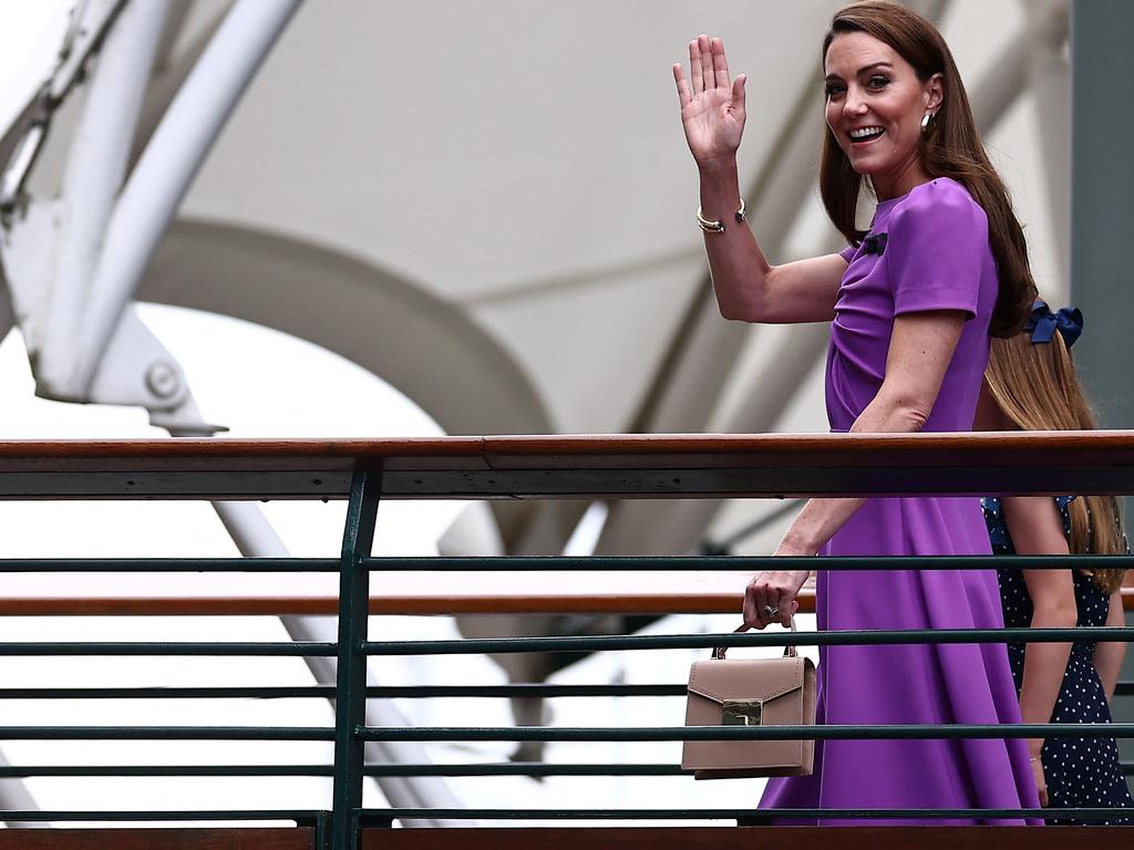 Catherine, Princess of Wales waves as she arrives to attend the men's singles final tennis match on the 14th day of the 2024 Wimbledon Championships. Picture: AFP.