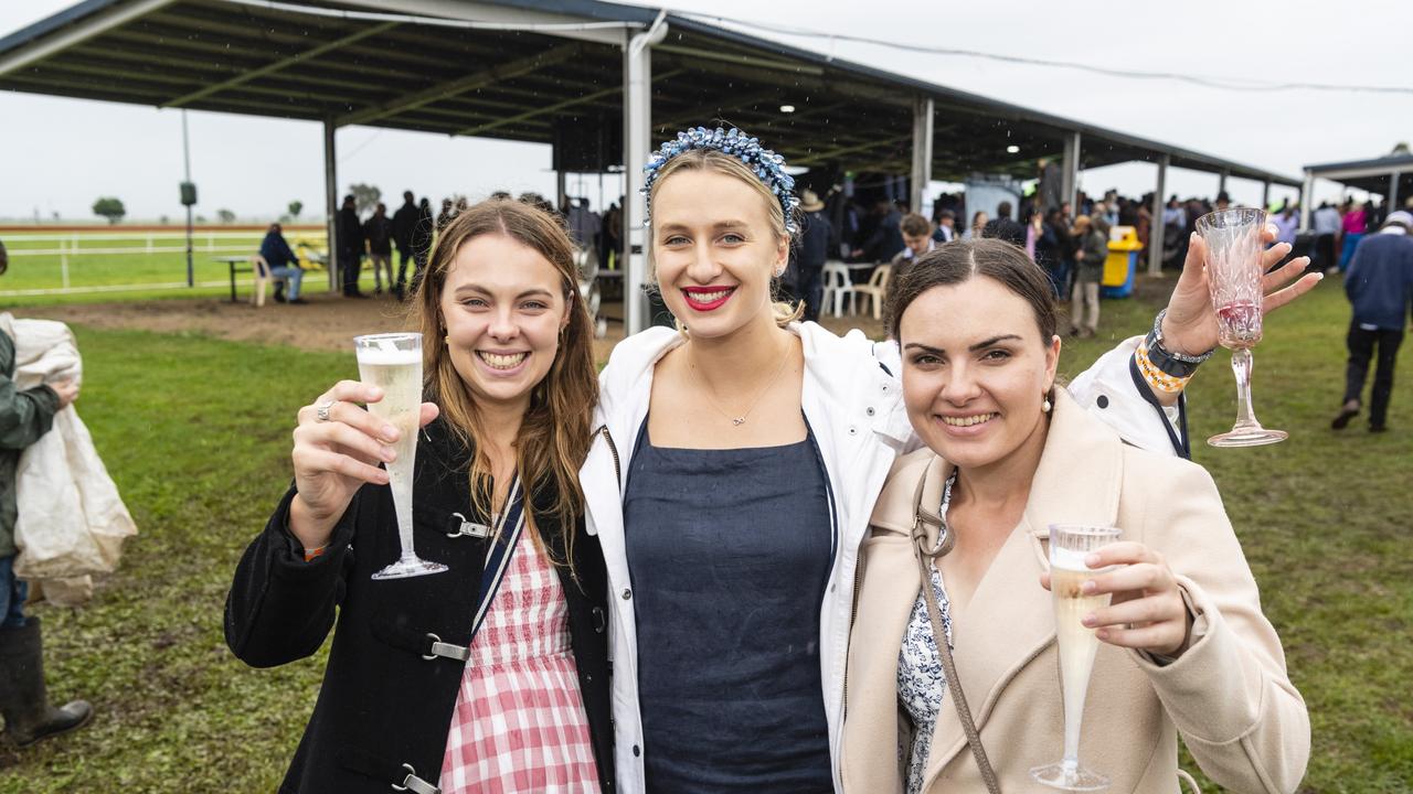 At the Clifton Jockey Club Clifton Cup races are (from left) Alice McPherson, Sarah Mantova and Alice Mason, Saturday, October 22, 2022. Picture: Kevin Farmer