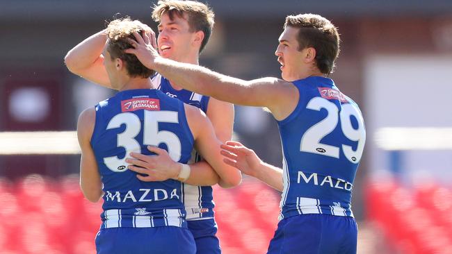 Charlie Lazzaro celebrates a goal with Will Phillips. Picture: Getty Images