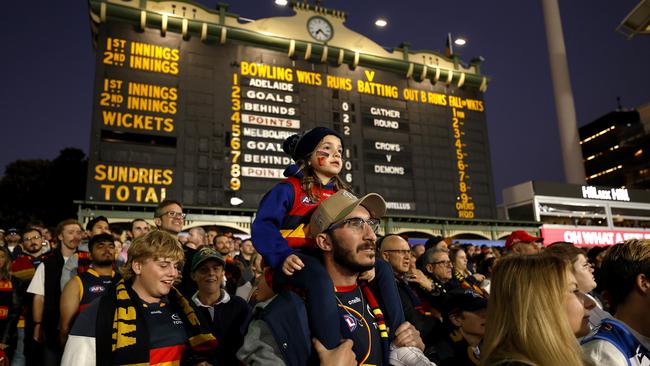 Crows fans during the AFL Gather Round match between the Adelaide Crows and Melbourne Demons at the Adelaide Oval on April 4, 2024. Photo by Phil Hillyard(Image Supplied for Editorial Use only - **NO ON SALES** - Â©Phil Hillyard )