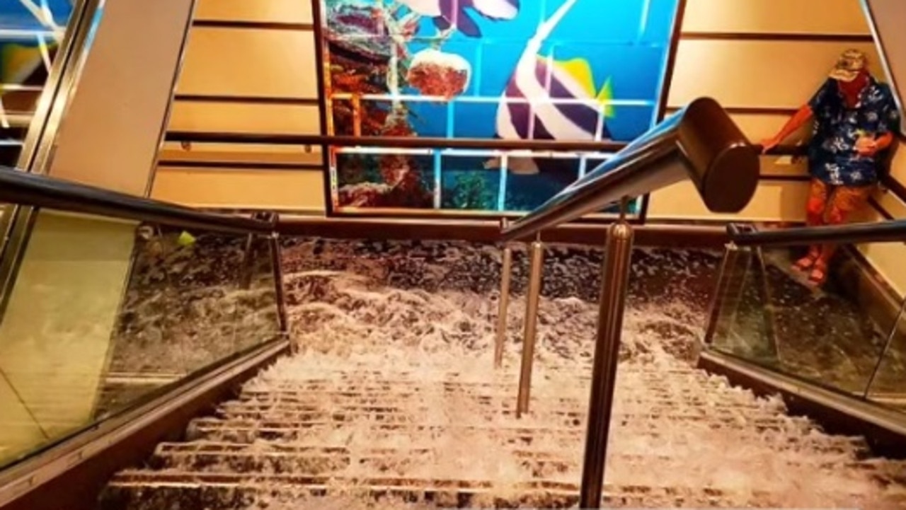 A busted pipe was apparently what caused two floors on a Carnival cruise to flood. Picture: TikTok/adrienne_marie_1