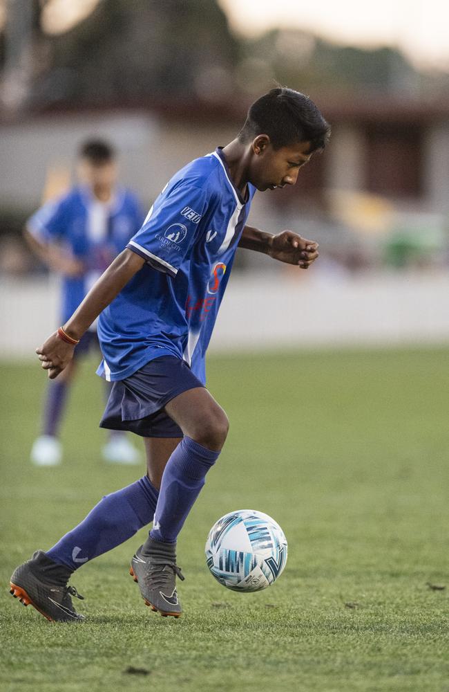 Priyanshu Shrestha of Rockville Rovers White against USQ FC in Football Queensland Darling Downs Community Juniors U13 Div 1 Maroon grand final at Clive Berghofer Stadium, Friday, August 30, 2024. Picture: Kevin Farmer