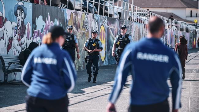 Police patrol Bondi Beach yesterday. Picture: NCA NewsWire/Flavio Brancaleone