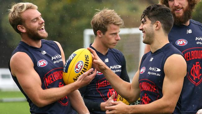 Jack Watts and Christian Petracca share a laugh. Picture: Wayne Ludbey