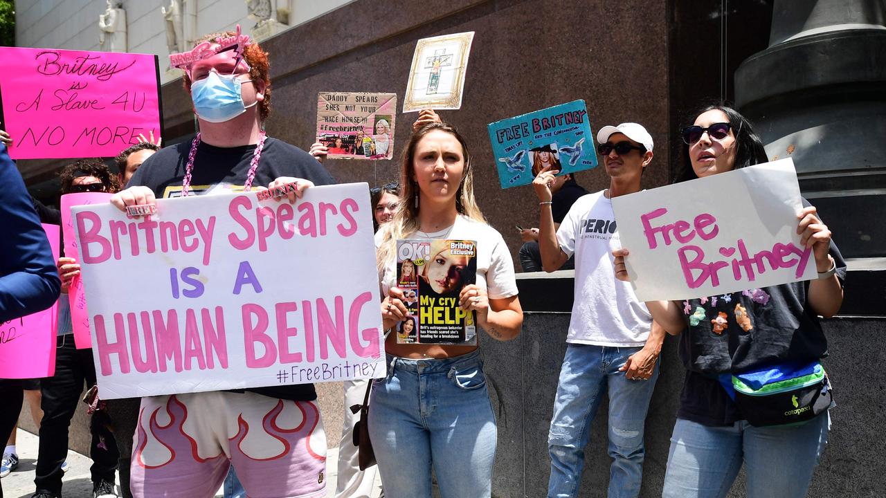 Fans and supporters were out in force with "Free Britney" signs outside court this week. Picture: AFP.