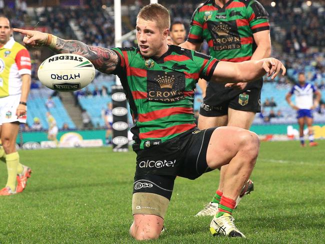 Aaron Gray celebrates a try for the Rabbitohs last season at ANZ Stadium. Picture: Mark Evans