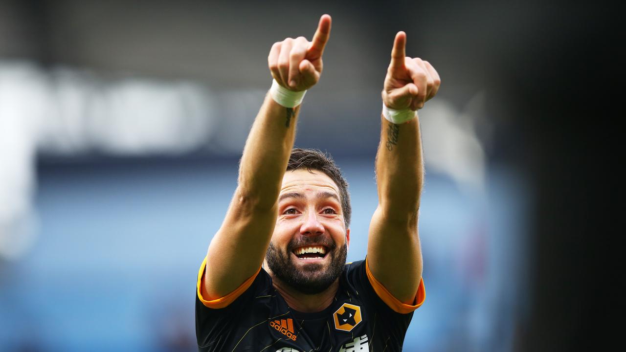 Wolves player Joao Moutinho celebrates with fans. Picture: Alex Livesey/Getty
