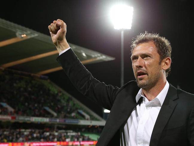 PERTH, AUSTRALIA - APRIL 14: Tony Popovic, head coach of the Glory acknowledges the shed supporters after being crowned Premiers during the round 25 A-League match between the Perth Glory and the Newcastle Jets at HBF Park on April 14, 2019 in Perth, Australia. (Photo by Paul Kane/Getty Images)
