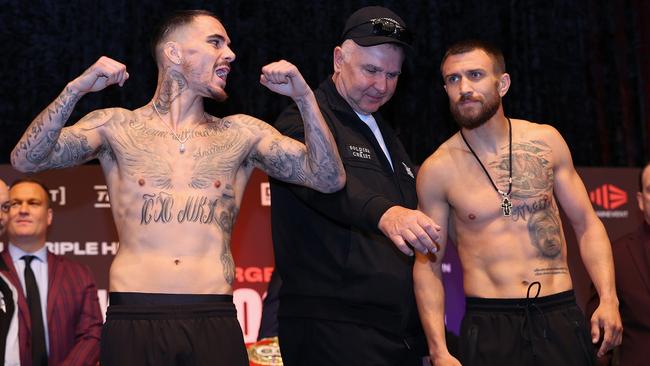 George Kambosos Jr and Vasiliy Lomachenko at the weigh-in. Photo: Mikey Williams: Top Rank.