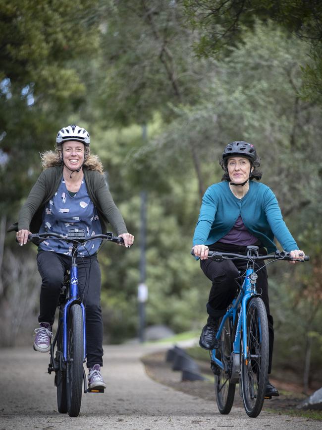 Cycling South's Amanda Midgley and Bicycle Network's Alison Hetherington at the popular Hobart Rivulet track. Picture: Chris Kidd