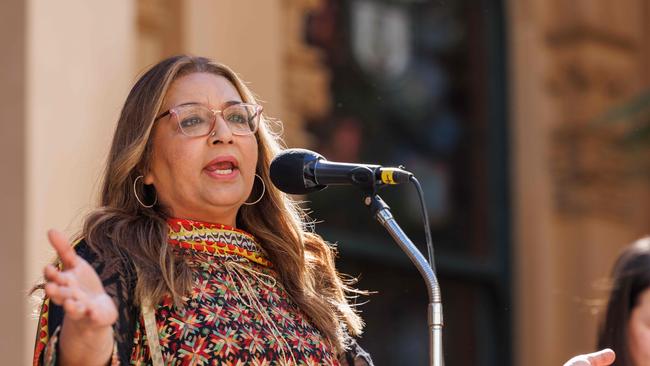 NSW Greens Senator Mehreen Faruqi speaks to the crowd at the Rally to Fix the Housing Crisis. Picture: NCA NewsWire / David Swift