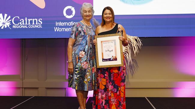 Cairns Mayoress Claire Manning presents the 2023 Cairns Woman of the Year Award to Jo Piggott at the Cairns Women of the Year Awards at the Pullman International Hotel. Picture: Brendan Radke