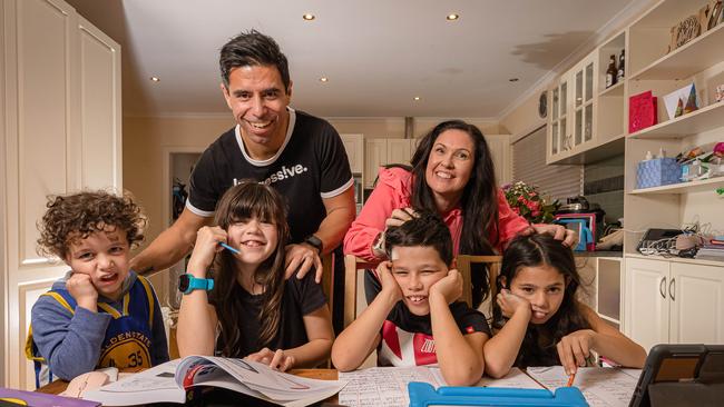 Russ and Ange and their four kids Lilah, 10, twins Coby and Siella, 8, and Harvey, 4. Picture: Jason Edwards