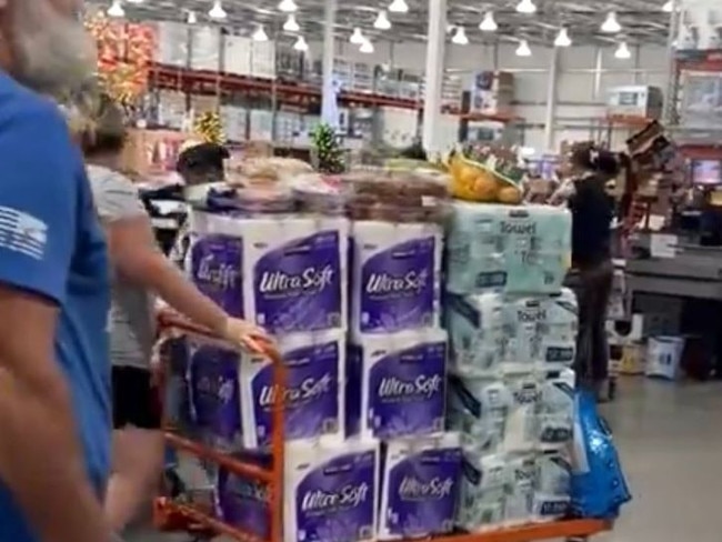 Nervous Americans are panic-buying toilet paper as a dock strike threatens to cripple supply chains (Texas supermarket scenes above). Picture: X