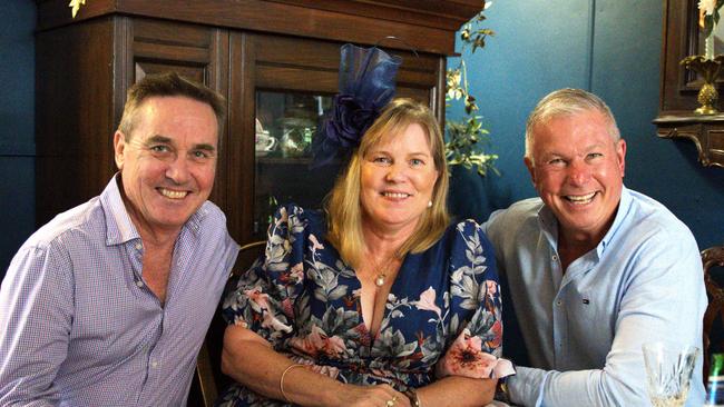 Andrew Dunkley, Michelle Dunkley and Edgar Brus at Gympie's The Dolly and Oats during the Melbourne Cup Races on November 7, 2023.