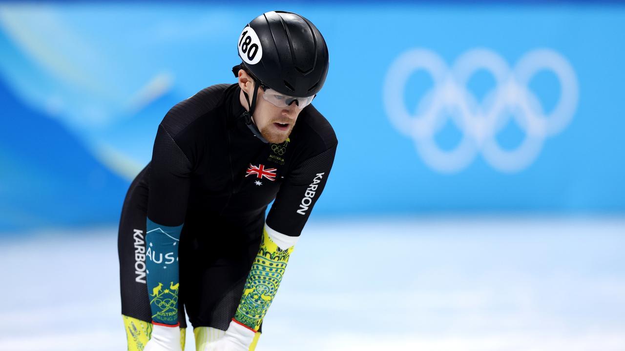 Brendan Corey of Team Australia reacts after crashing out of the 1000m Quarterfinals on day three of the Beijing 2022. Picture: Getty Images.