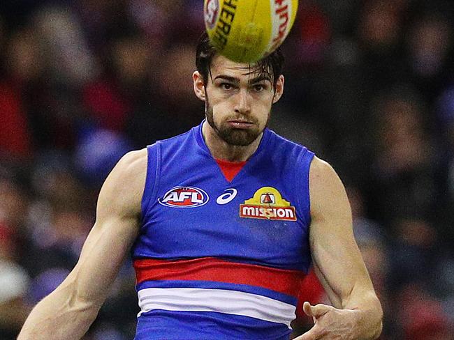 MELBOURNE, AUSTRALIA - AUGUST 10: Easton Wood of the Bulldogs in action during the round 21 AFL match between the Essendon Bombers and the Western Bulldogs at Marvel Stadium on August 10, 2019 in Melbourne, Australia. (Photo by Graham Denholm/Getty Images)
