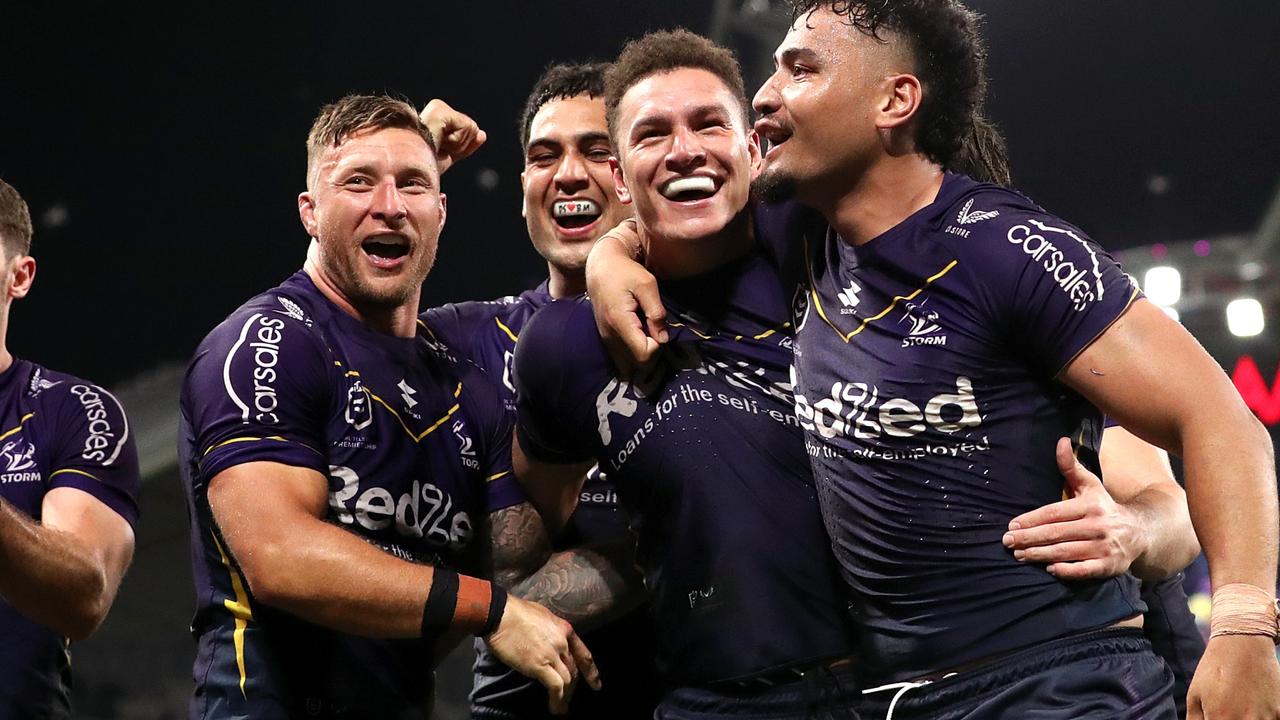 Will Warbrick celebrates his try with teammates. Picture: Kelly Defina/Getty Images