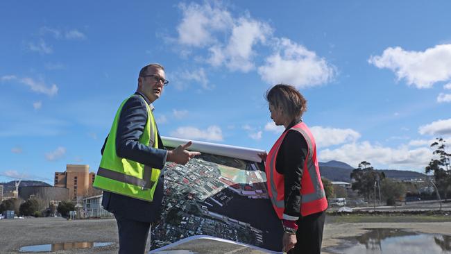 State Growth Minister Michael Ferguson at Macquarie Point with Macquarie Point Development CEO Mary Massina. Picture: Luke Bowden.