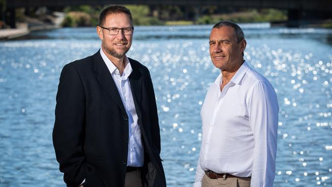 Dr Richard Harris and Dr Craig Challen by the River Torrens. Picture: James Elsby